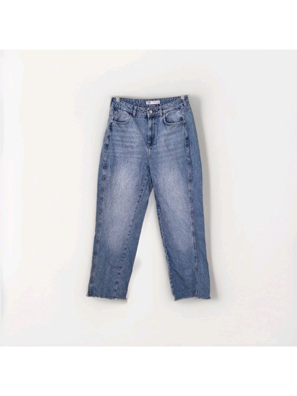 Zara Jeans Womens 8 Blue Straight Leg Cotton Boho Hippie Raw Hem Preppy Denim